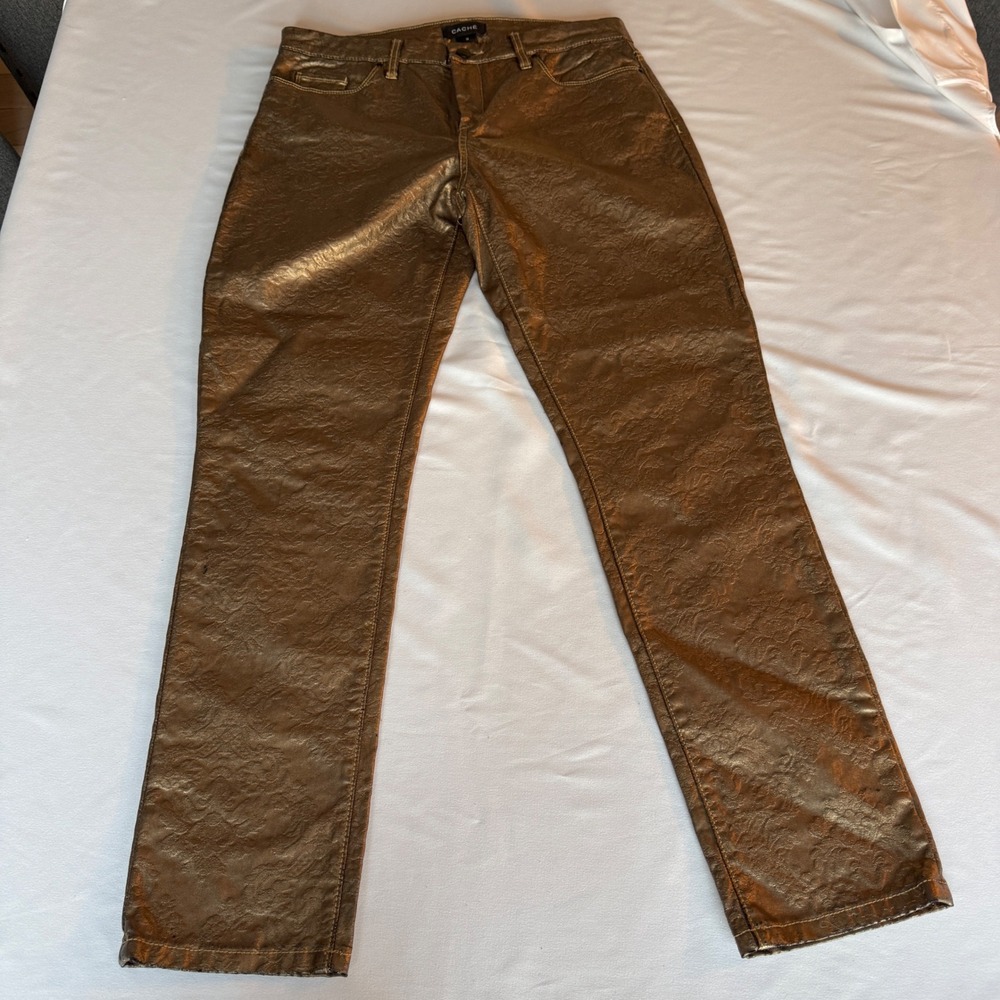 Vtg Cache Metallic Gold Embossed Floral Damask Straight Leg Pants Size 10  NWT
